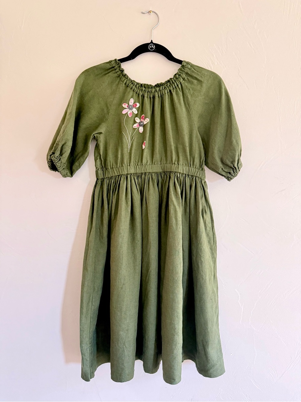 Girls Handmade Olive Green Floral Embroidered Dress